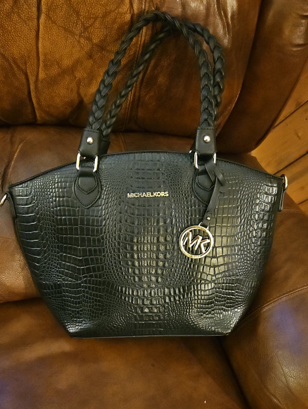 Michael Kors Black Croc Embossed Braided Handle Shoulder Tote Satchel Handbag